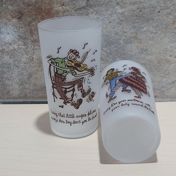 Vintage Square Dance Highball Federal Frosted Glass Tumblers Set of 2 - Picture 8 of 9